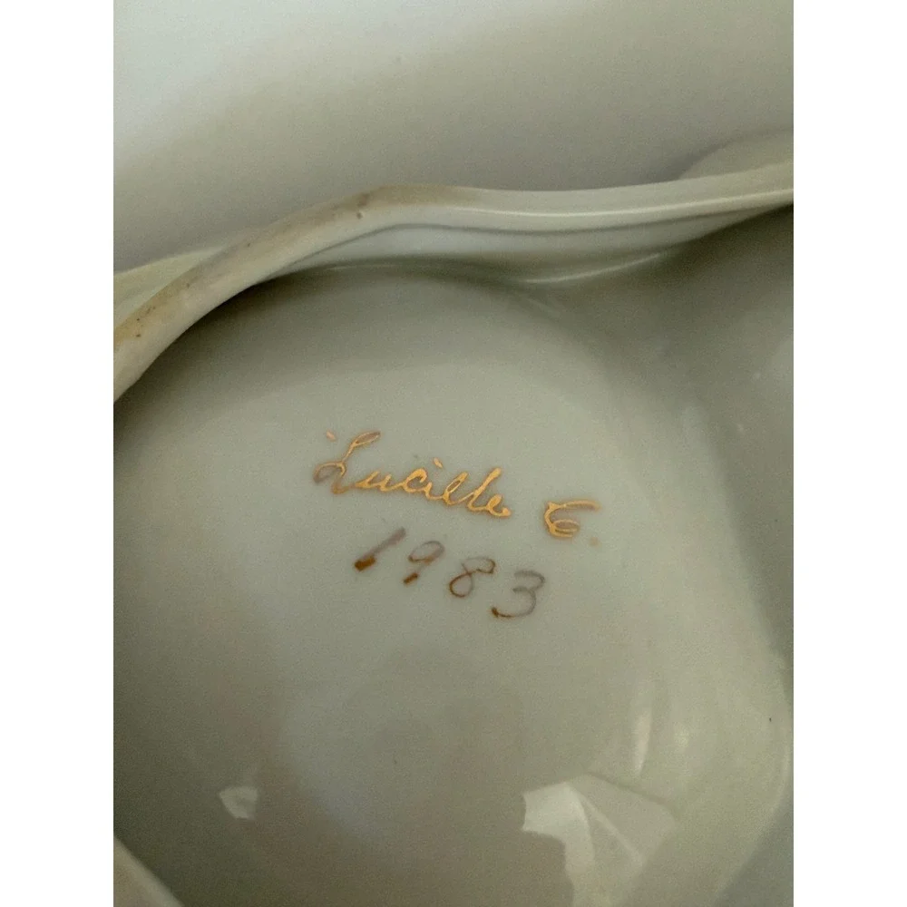 Vintage 1983 Hand Painted Floral Ceramic 3-Section Candy Dish Iridescent Pink